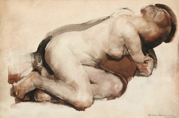 GRIGORY GLUCKMANN (Russian, 1893-1973). CROUCHING: GRIGORY GLUCKMANN (Russian, 1893-1973). CROUCHING FEMALE NUDE, signed and dated Paris 1930 lower right. Watercolor on paper - Sight: 9 1/4 in. x 14 in.