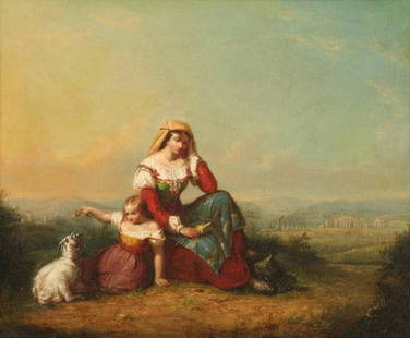 WILLIAM SANFORD MASON (American, 1824-1864). MOTH: WILLIAM SANFORD MASON (American, 1824-1864). MOTHER, DAUGHTER AND GOAT IN ITALIANATE LANDSCAPE, signed and dated 1859 lower left. Oil on canvas - 14 1/4 in. x 17 1/4 in.