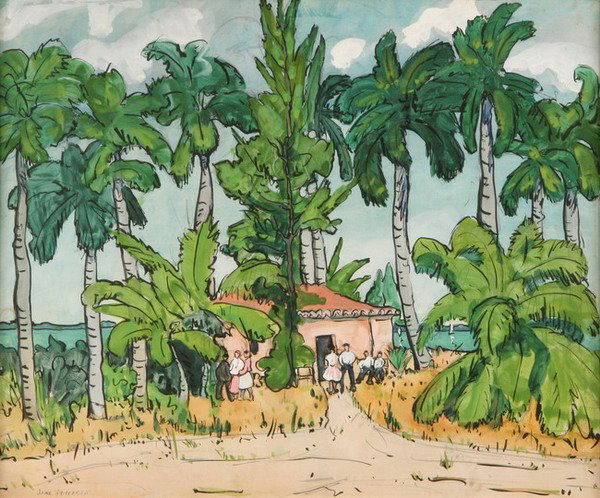 JANE PETERSON (American, 1876-1965). FIGURES IN F: JANE PETERSON (American, 1876-1965). FIGURES IN FLORIDA LANDSCAPE, signed lower left. Gouache on paper - Sight: 19 in. x 23 in.