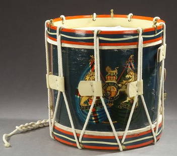 A REGIMENTAL DRUM, 20th century - 14 1/2 in. high: A REGIMENTAL DRUM, 20th century. With rope and leather fittings - 14 1/2 in. high.