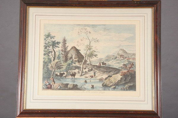 AFTER FRANCESCO BARTOLOZZI (Italian, 1727-1815). C: AFTER FRANCESCO BARTOLOZZI (Italian, 1727-1815). Colored engraving entitled "Ricco e coluich'ha numeroso Gregge" - image size: 20 3/4 in. x 15 in.