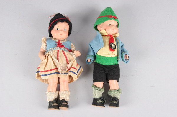 EFFANBEE COMPOSITION ALPINE PATSY TINYETTE BOY AN: EFFANBEE COMPOSITION ALPINE PATSY TINYETTE BOY AND GIRL, Marked Effanbee. Boy with "White Horse Inn/ An Effanbee Doll" pin - 8 in high.