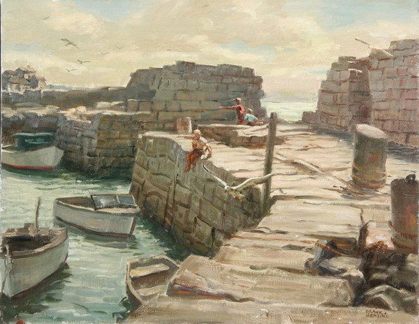 FRANK C. BENSING (American, 1893-1983). SEA WALL: FRANK C. BENSING (American, 1893-1983). SEA WALL CAPE ANN, signed lower right. Oil on canvas - Unframed: 16 in. x 20 in. EXHIBITED: Salmagundi Club, Annual Oil Exhibition, 1966.