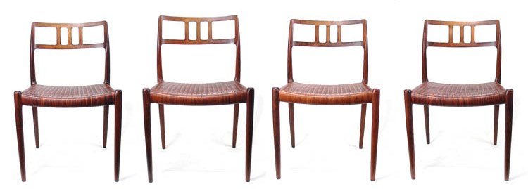 A set of four rosewood dining chairs (model 79) with or: A set of four rosewood dining chairs (model 79) with original brown leather cord woven seats designed by Niels Otto Moller in 1966 and made labeled during 1966-69 by J L Moller