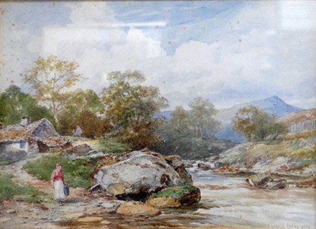 A watercolour on paper entitled 'A Cottage by the Machn: A watercolour on paper entitled 'A Cottage by the Machno' signed David Bates 1910 46x53cm