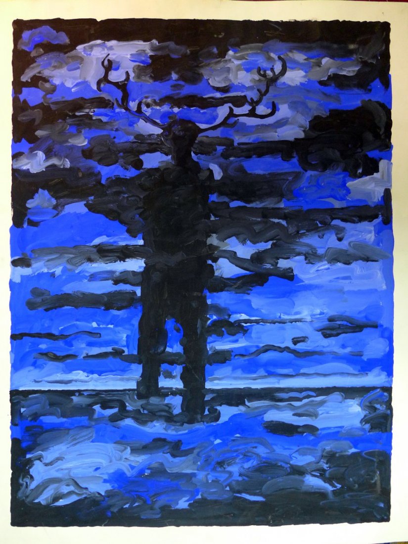 A Derek Boshier tempera on paper study of a man wearing: A Derek Boshier tempera on paper study of a man with antlers entitled 'The Visitor' signed and dated verso 1987. 59cmx76cm, Purchased from the estate of Robert Troyan, originally purchased from the ar