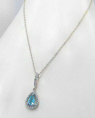 Sterling Silver Blue Topaz & Diamond Necklace: Sterling silver necklace set with 1 pc of white diamond and sky-blue topaz. Product Type: Necklace Metal: Sterling Silver GemStones: Sky-Blue Topaz, White Diamond Setting Type: Pave Set & Prong Platin