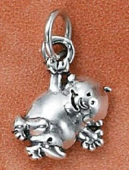 Sterling Silver Giggling Baby Charm: Charm is of a chubby little giggling baby hanging from the charm ring. 2.6 grams of 92.5 sterling silver.