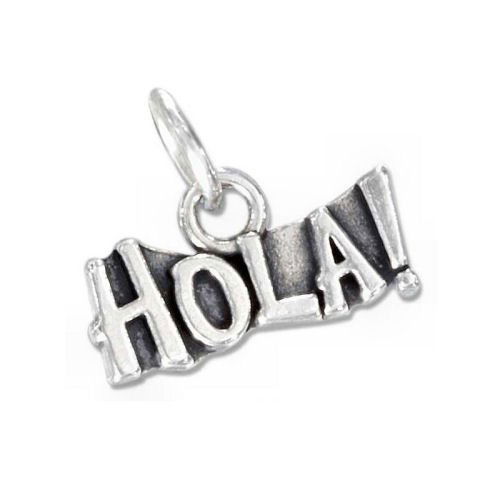 Sterling Silver Antiqued "Hola!" Charm: 15mm x 6mm. 2mm thick. High polish antique block letter "Hola!" spanish message charm. Backside is high polish and has the sterling silver quality stamp across the center. 1.3g.