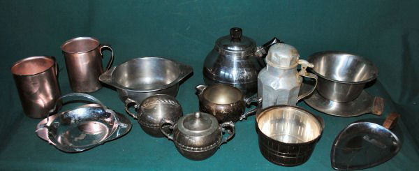 Lot of 12: Asstd Metals Serveware - Silver, Copper: Lot of 12: Asstd Metals Serveware - Silver, Copper, Stainless, Tin, etc. Serving pieces include pickle dish, cups, creamer, sugar bowl, Gorham crock, syrup decanter and more. Vintage to contemporary.