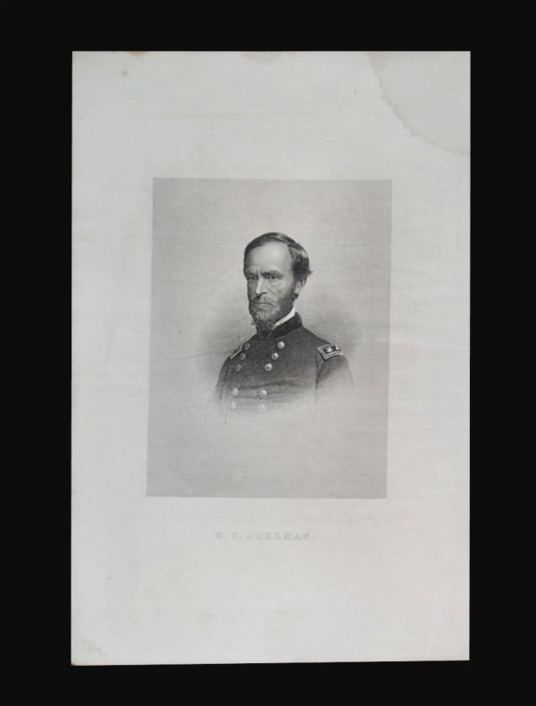 General William T. Sherman Portrait Engraving: Original engraving entitled 'W. T. Sherman' ca1870s featuring portrait of William Tecumseh Sherman (1820-1891), Civil War General. 7"x10-7/8". Minor corner and edge wear. 2" light moisture stain in up