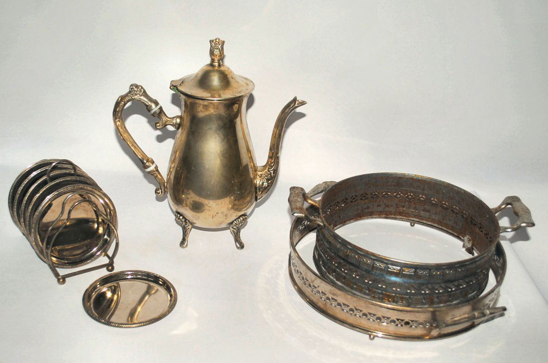 Lot of 4: Vintage Silverplate Serveware: Lot of 4 silverplate serveware including Sheffield coffee/tea server, 6 coasters in rack & 2 casserole rings