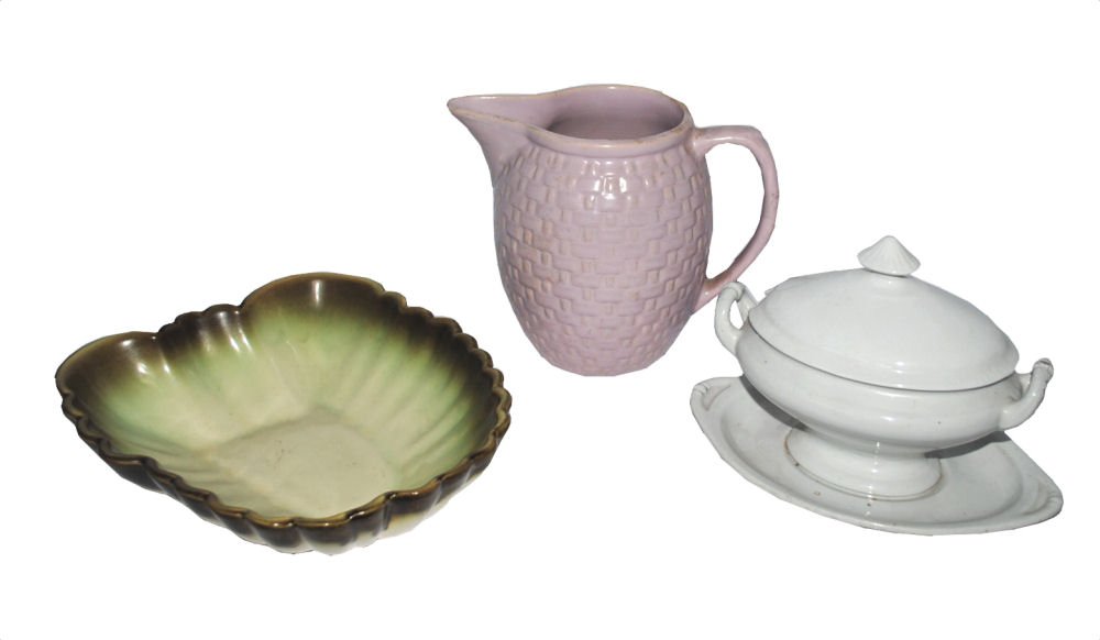Lot of 3: Ceramic Serveware - Hull, Weller, Corn: Lot of 3 ceramic serveware pieces: Hull ombre serving dish #34, Weller pink basketweave pitcher, and W & E Corn white gravy boat with lid and attached base.