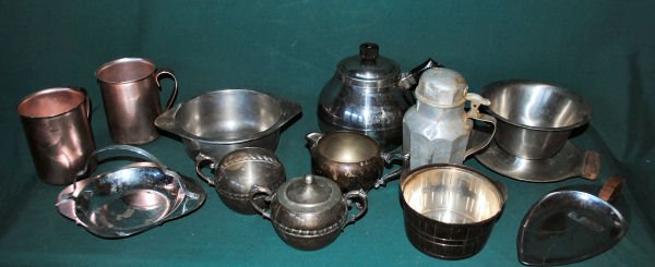 Lot of 12: Asstd Metals Serveware - Silver, Copper,: Lot of 12: Asstd Metals Serveware - Silver, Copper, Stainless, Tin, etc. Serving pieces include pickle dish, cups, creamer, sugar bowl, Gorham crock, syrup decanter and more.