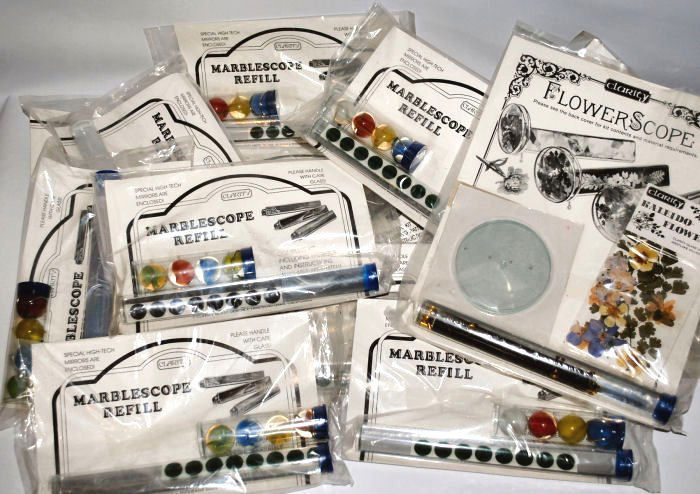 Lot of Kaleidoscope Refill Kits: Marble Scope refill kit over 8 kits, Glass Kaleidoscope kit and flower scope kit