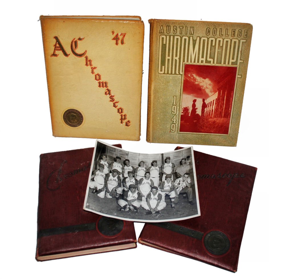 Lot/4 Austin College Yearbooks & Team Photo: Lot of 4 1940's yearbooks from Austin College in Sherman, Texas, "The Chromoscope". Two are 1940, one 1947, on 1949. Included is a found 8x10 glossy black & white photo of a baseball team with "Sherma