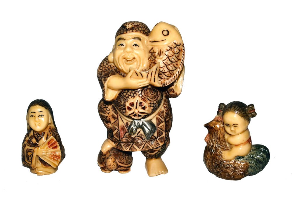 Lot/3 Scrimmed Asian Figures: Lot of 3 carved & scrimmed figurines including Netsuke; tallest is 4" others are 2"h. All marked as shown.
