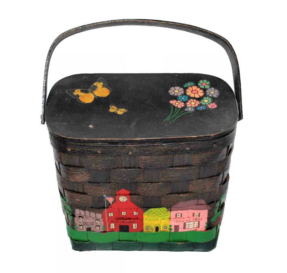 Vintage Basket Purse: Mid-century unique basket purse with paint and decoupage - name Nancy printed on inside lid. Cloth lined. The painted buildings around the base all have landmark names in the Dallas, TX area that had 