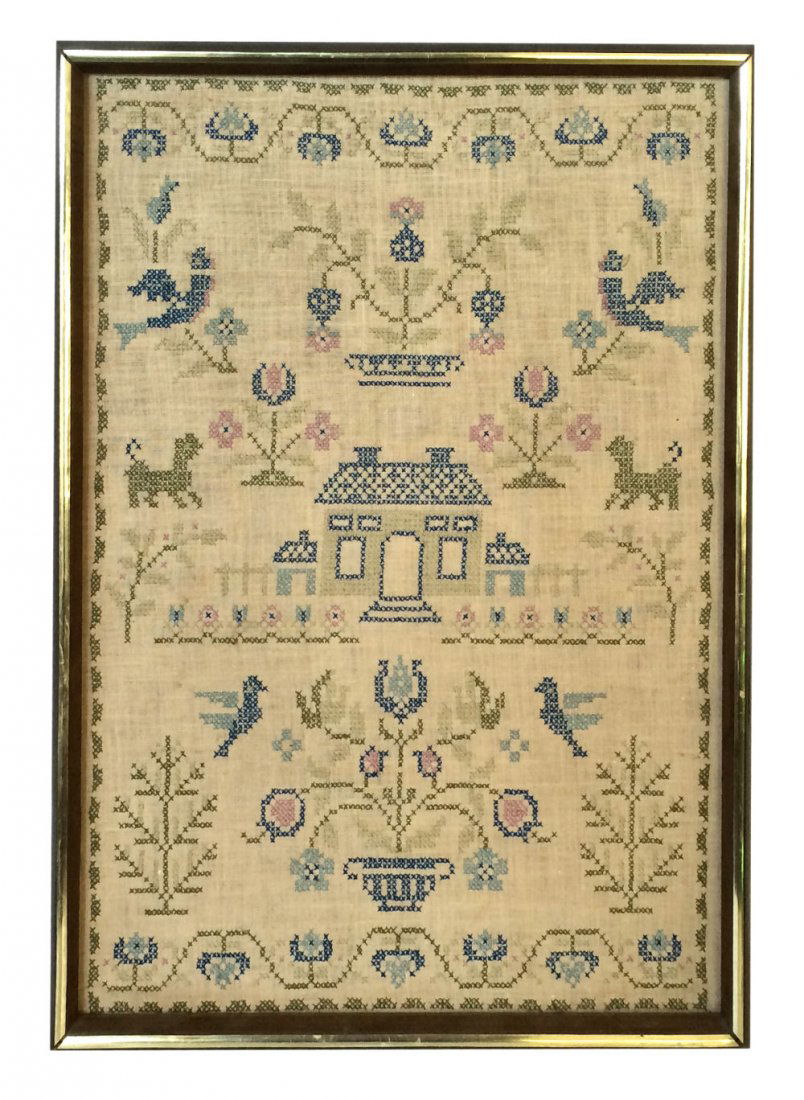 Vintage Cross Stitch Sampler: Vintage cross-stitched sampler with traditional house, flowers and birds motif. Crafted on beige linen in tones of green, blue and lavender. Framed, not glazed, with wire for hanging on back. 18"x23".