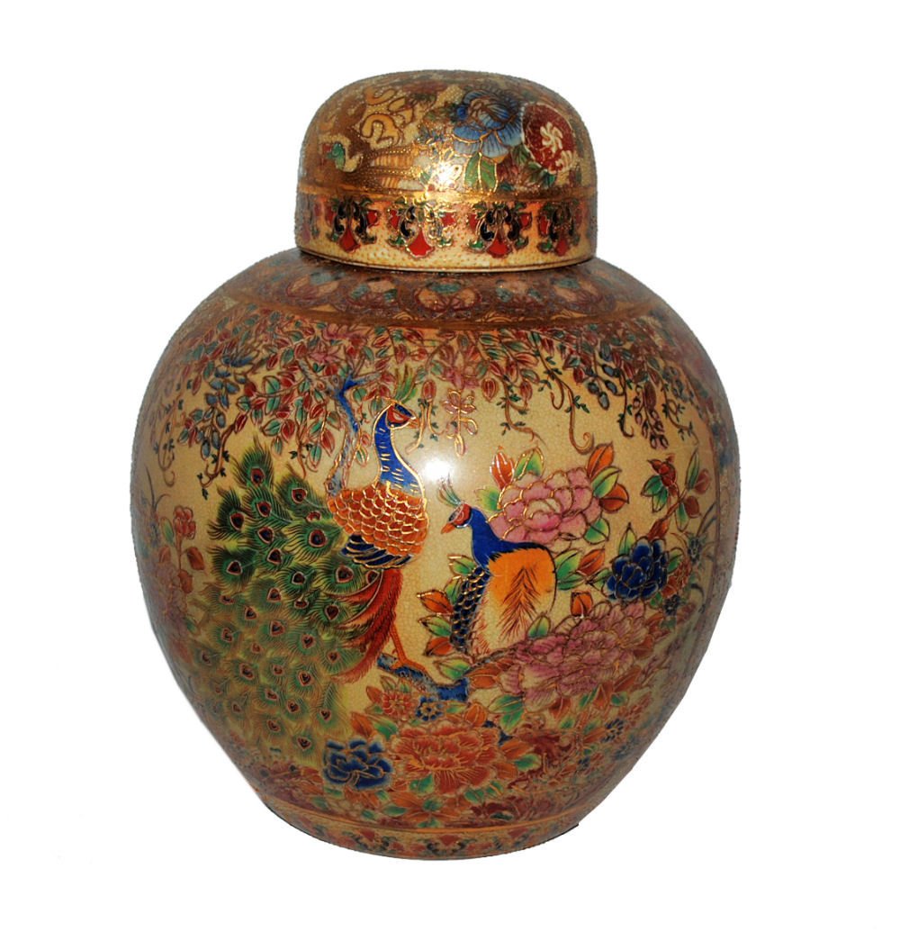 Large Moriage Antique Ginger Jar: Antique hand painted large Japanese moriage ginger jar with lid. Incredibly intricate design featuring peacocks and flowers with gold veined throughout. Marked by a number 19 on bottom and on lid. 10"