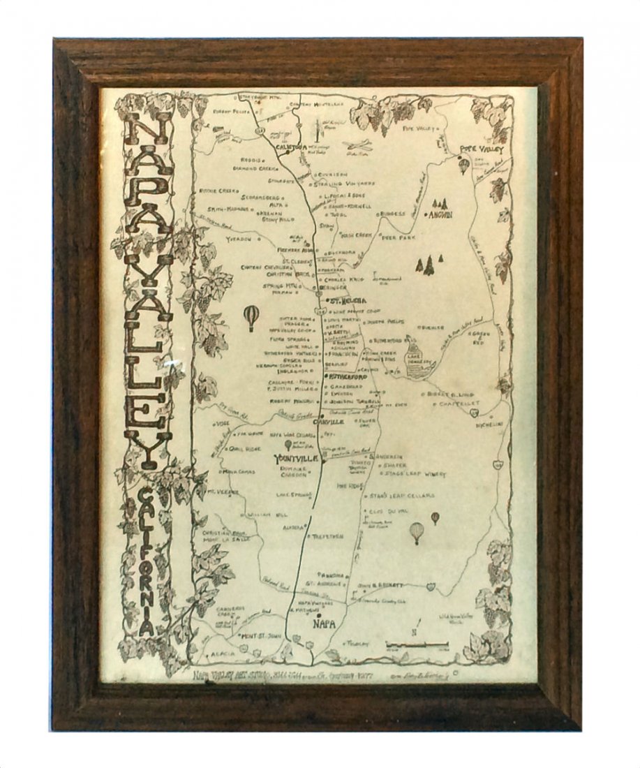 1981 Napa Valley Map: Framed map of Napa Valley wine country by Gary Weatherly. Etched drawing printed on linen. 14"x18"