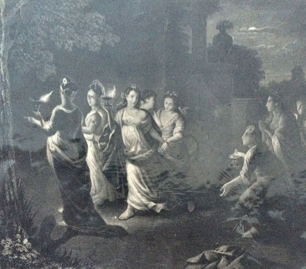 After GODFRIED SCHALKEN 19thc Steel Engraving: 19th century steel engraving of GODFRIED SCHALKEN's (1643-1706) "The Wise and Foolish Virgins," original work done 1700. Engraver William French (1815-1898). Inscribed: Pinakothek. - Schalken pinxt. -