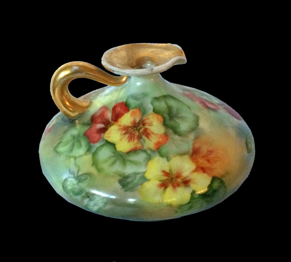 Jean Pouyat Limoges Squat Vase: Jean Pouyat Limoges JPL France antique handpainted squat vase ca1890-1930. Painted floral motif in shades of rust, yellow and greens with gold spout and handle. Signed by artist "Richmond" on bottom.