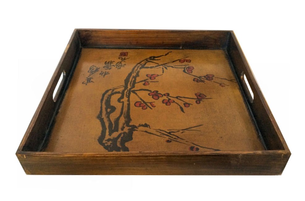 Vintage Asian Wood Tray: Square Asian vintage wood tray 15"x15" with writing and branch painting. Hanging hardware on back can be removed or use for wall décor.