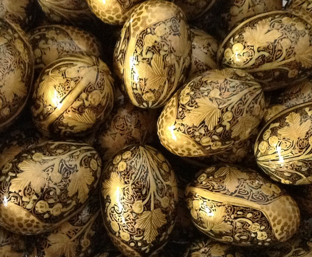 Lot/54 Pysanky Handpainted Wooden Eggs: Lot of 54 Ukranian-style Pysanky hand painted wooden eggs with gold design