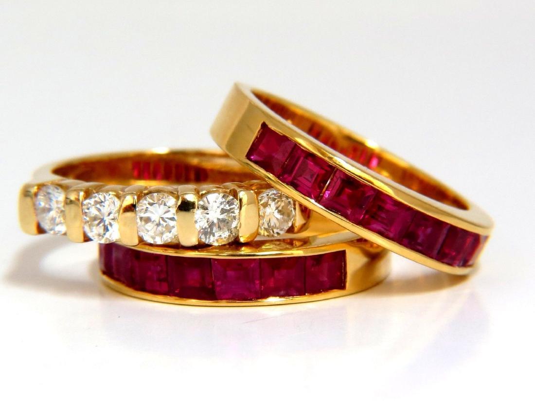 3.86ct stackable natural vivid red ruby diamond bands: 2.80ct. square cut Natural Rubies & 1.06ct diamonds stackable rings.three rings.Rubies:(VS) Clean Clarity Transparent & Vivid red colors.1.06ct. diamondsG-color VS-2 clarity.14kt yellow gold12.8 grams