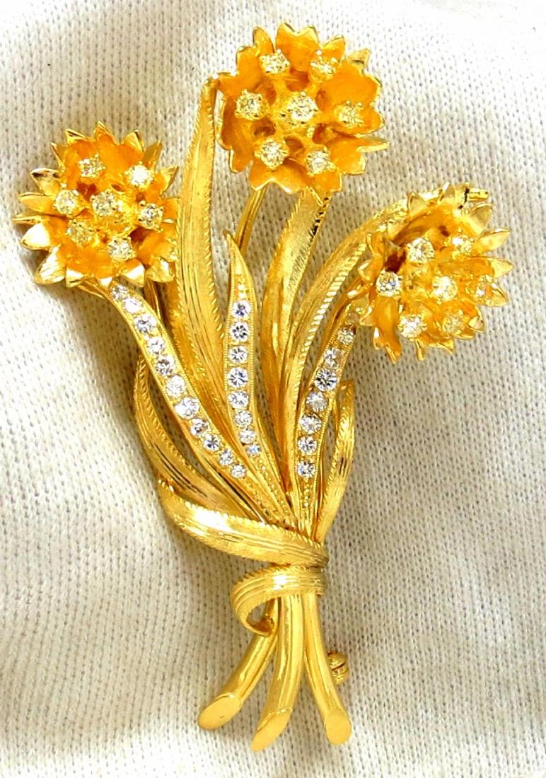 2.00ct Fancy Yellow Diamonds Brooch Pin Flowers Bundle: 3D Flower Bundle Diamond Brooch PinHandmade 1.00ct natural fancy Yellow diamonds.Round, Full cut Brilliant.Vs-2 clarity.1.00ct white diamonds:G-color VS-2 clarity.18kt yellow gold intricate detail of