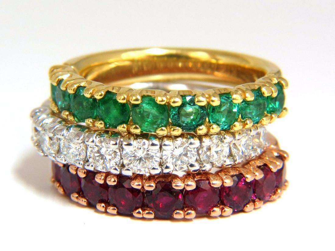 3.92ct stackable natural vivid red ruby emerald diamond: Stackable colors1.77ct. round cut Natural Rubies,1.05ct diamonds &1.10ct emeralds stackable rings.three rings.Rubies:(VS) Clean Clarity Transparent & Vivid red colors.Diamonds:G-color VS-2 clarity.Eme