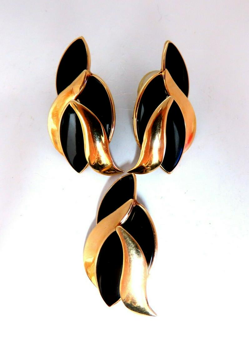 14Kt Gold Flaming Jet Black Onyx Pendant Earrings Suite (1 of 5)