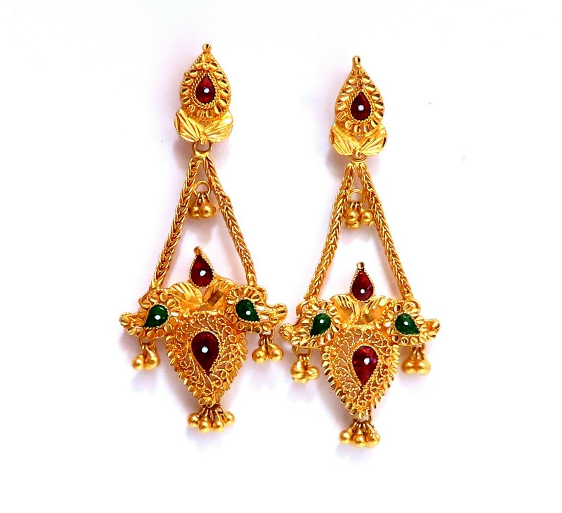 Bohemian Mod Chandelier Pendant Dangle Earrings 22 Kara: Bohemian Prime / Chandelier ModThree Dimensional medallion earringsSmooth Finish5 sectional enamel, & dangle gold bead detailsMeasurements of Earrings:2 x .92 inch13.9 grams / 22kt. yellow goldComfort