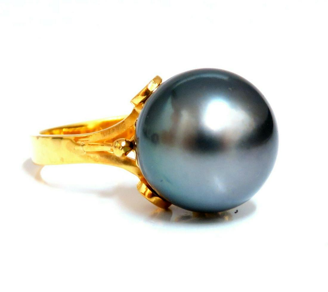 12.5mm Fine Natural Tahitian Black Peacock Pearl Ring 14kt Solitaire petals (1 of 9)