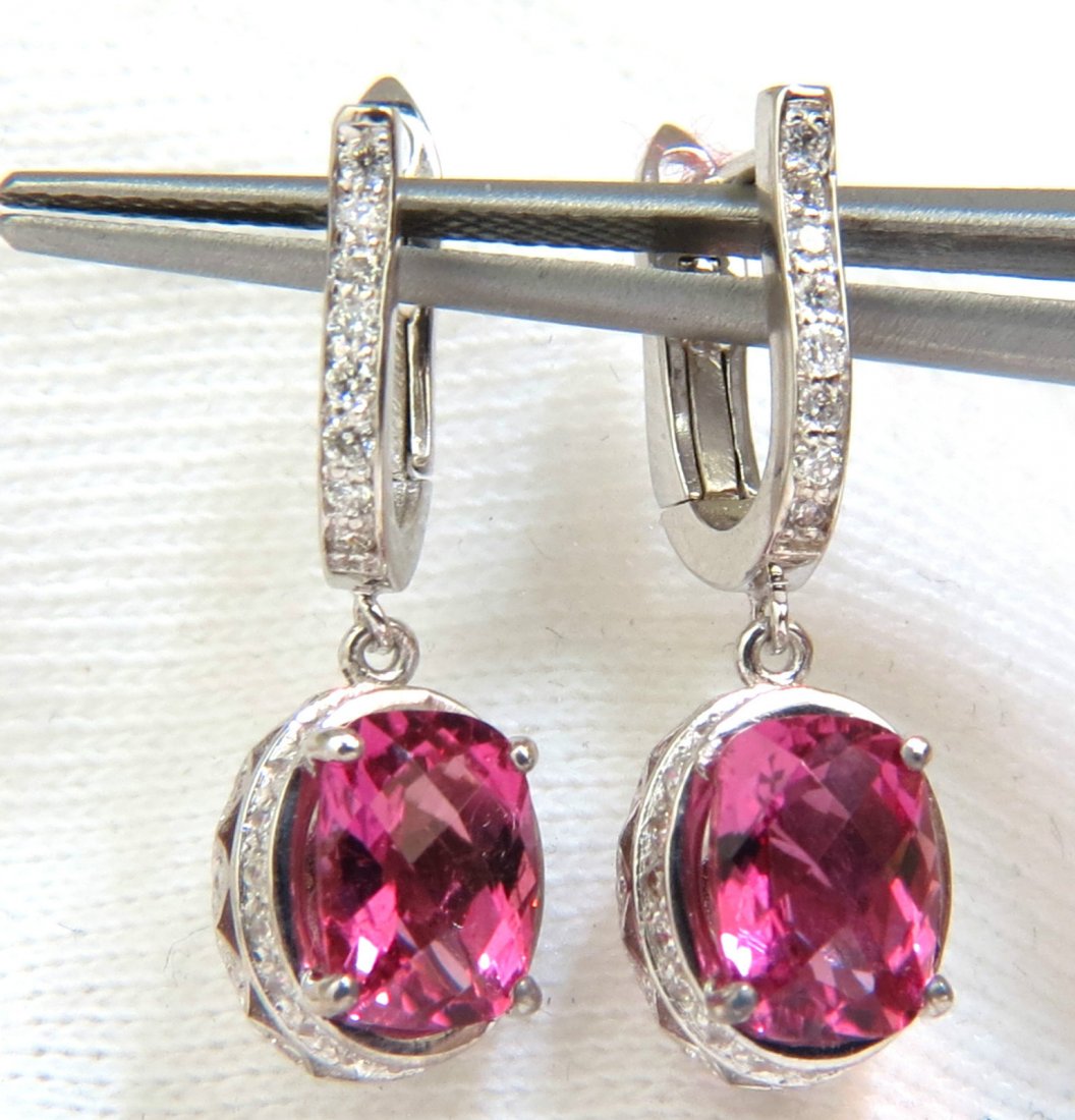 3.88CT VIVID PINK NATURAL TOURMALINE DIAMOND DANGLE EAR: Edwardian deco / Elongated hoop Prime Distinction: 2.88ct. Natural Bright Vivid Pink Turmalines Clean clarity, fully faceted and transparent Rose cut: 6 X 8mm 1.00ct. diamonds, Rounds and full cuts. G