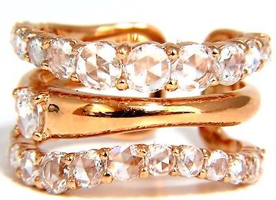 2.70CT NATURAL ROSE CUT DIAMONDS RING ADJUSTABLE SIZE: 2.70ct. Rose cut diamond band. Center ring, solitaire. Side two rings / half way round. G-color Vs-2 clarity. 18kt. rose gold 6.1 Grams Ring: .50 inch wide. Current ring size: 6.50-7.50 (adjustable we