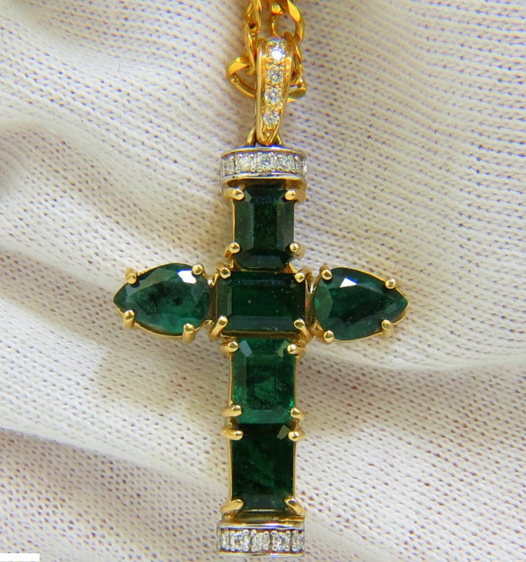 14KT 7.40CT NATURAL EMERALD DIAMOND CROSS NECKLACE (1 of 10)