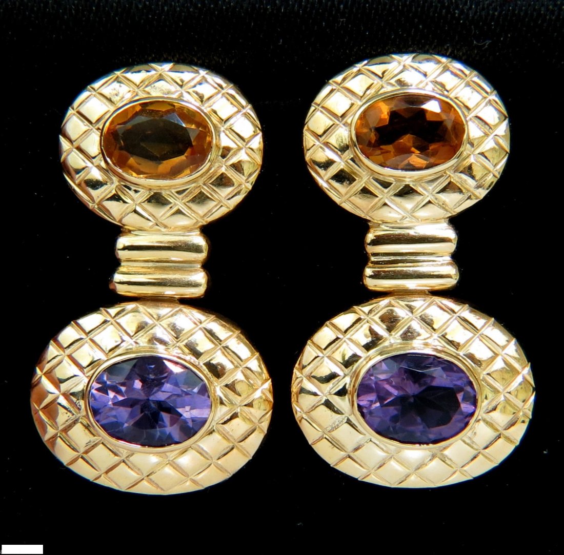 7.00CT NATURAL GOLDEN CITRINE AMETHYST CROSS HATCH DOME: 7.00ct. Natural Amethyst & Golden Citrine earrings. Clean clarity & transparent. Fully faceted, brilliant sparkle. 32.75mm long = 1.28 inches .72 inches wide at amethyst .62 inches wide at citrines 14