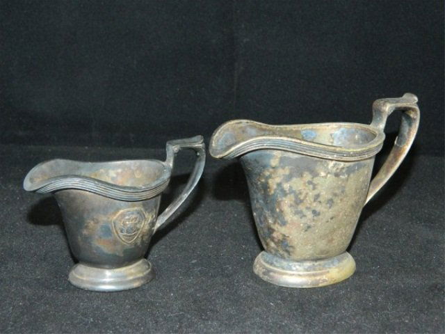 Reed & Barton Silver Soldered Milk & Creamer Set: Reed & Barton Silver Soldered Milk & Creamer Set Reed & Barton Silver Soldered Milk & Creamer Set, from famous Rice Hotel. 4 oz. & 2 oz. 3.5"
