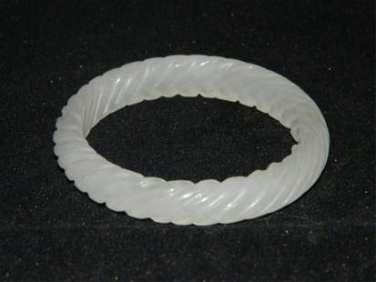 Carved White Jade Twist Bangle: Carved White Jade Twist Bangle 2 3/8" K772-0001