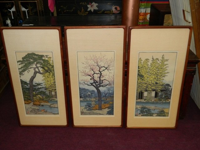 TOSHI YOSHIDA - Set of 3 Woodblock Prints: Titled, Bamboo, Plum & Pine of the Friendly Garden. 10.25" x 20.5".