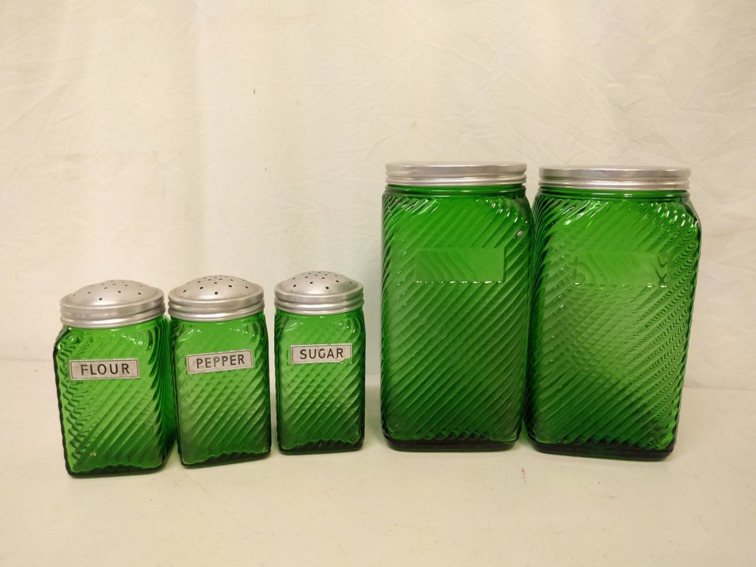 5 green depression glass Hoosier cabinet jars (1 of 1)
