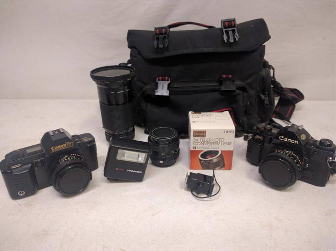 8 Pieces Of Vintage Canon Cameras, Accessories
