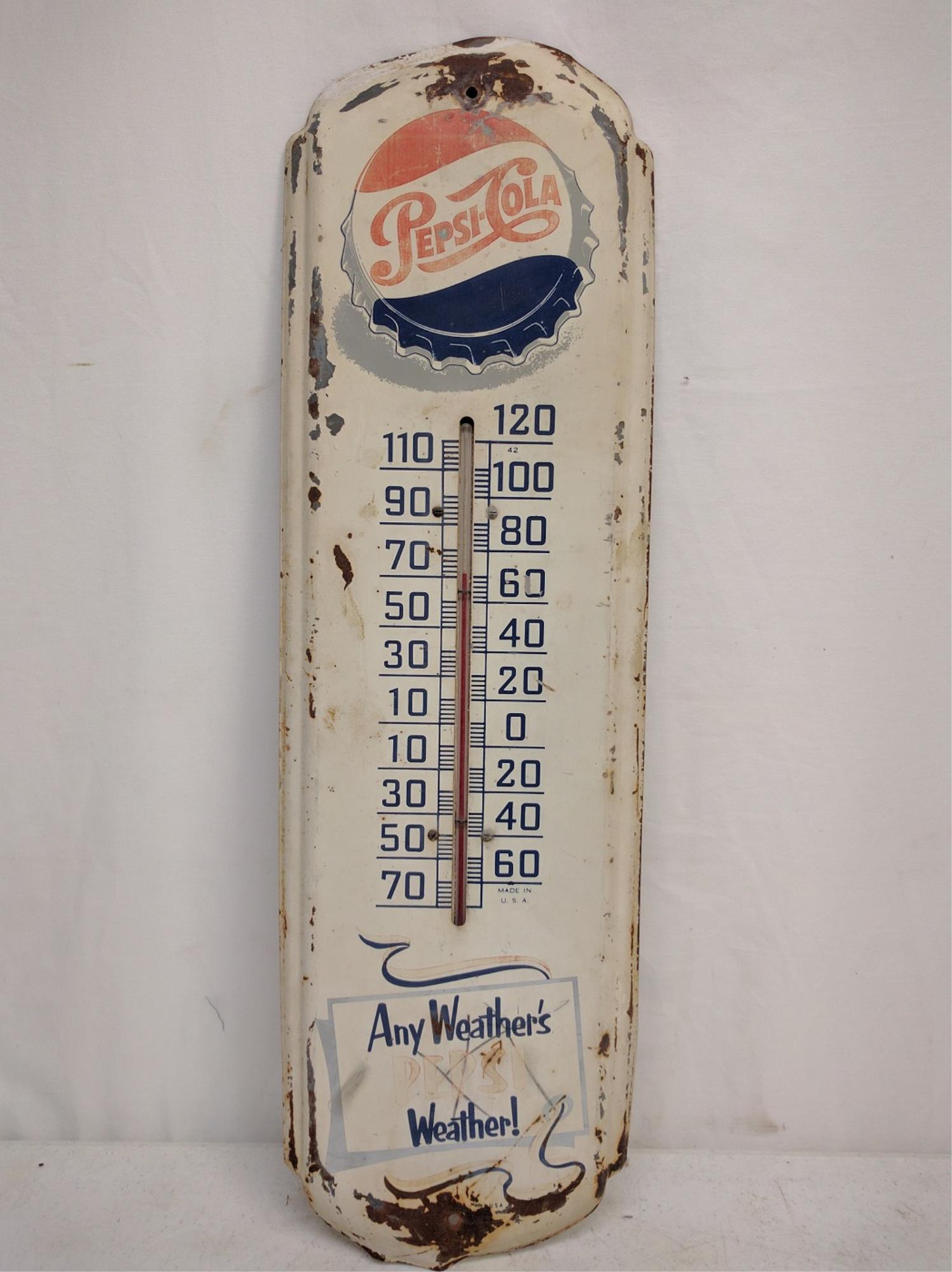 Pepsi Cola Thermometer: Pepsi Cola Thermometer some corrosion on the top and bottom and some on the interior 27 1/2" T x 8 1/4" W
