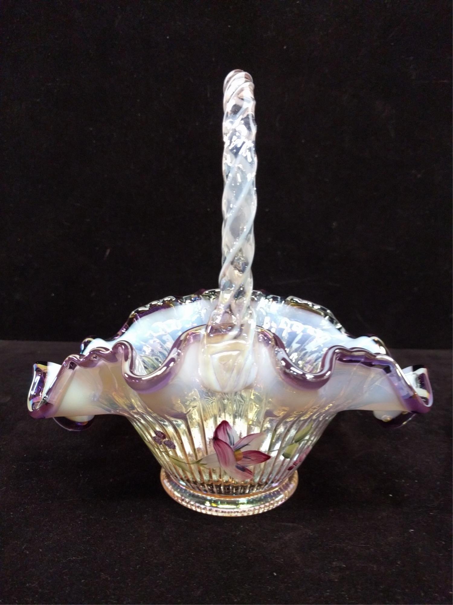 Fenton hand painted purple crest basket: Fenton hand painted purple crest basket Ribbon-candy edge no chips or cracks artist signed Viola Anderson on side signed on bottom by Bill and George Fenton