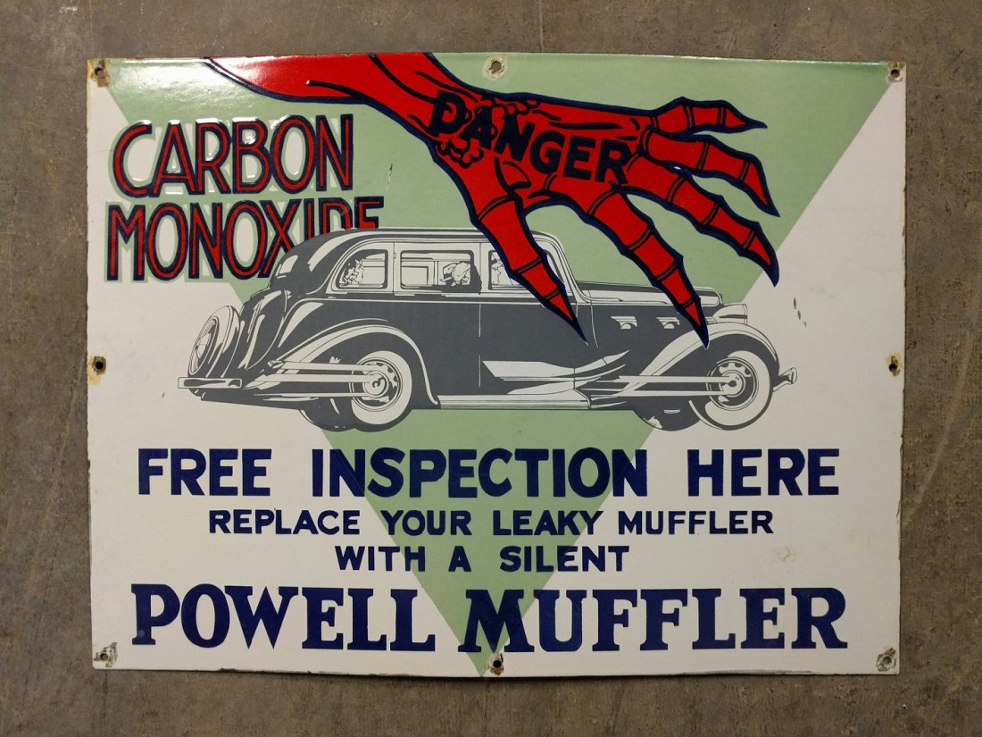 Porcelain Powell Muffler single sided sign: Porcelain Powell Muffler single sided sign 18" T x 24" W Corrosion around holes and small scratches on interior