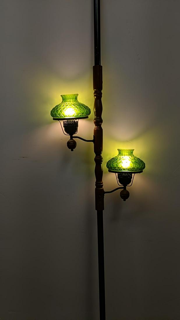 Early American Extension Pole Lamp: 8 ft. green glass shades