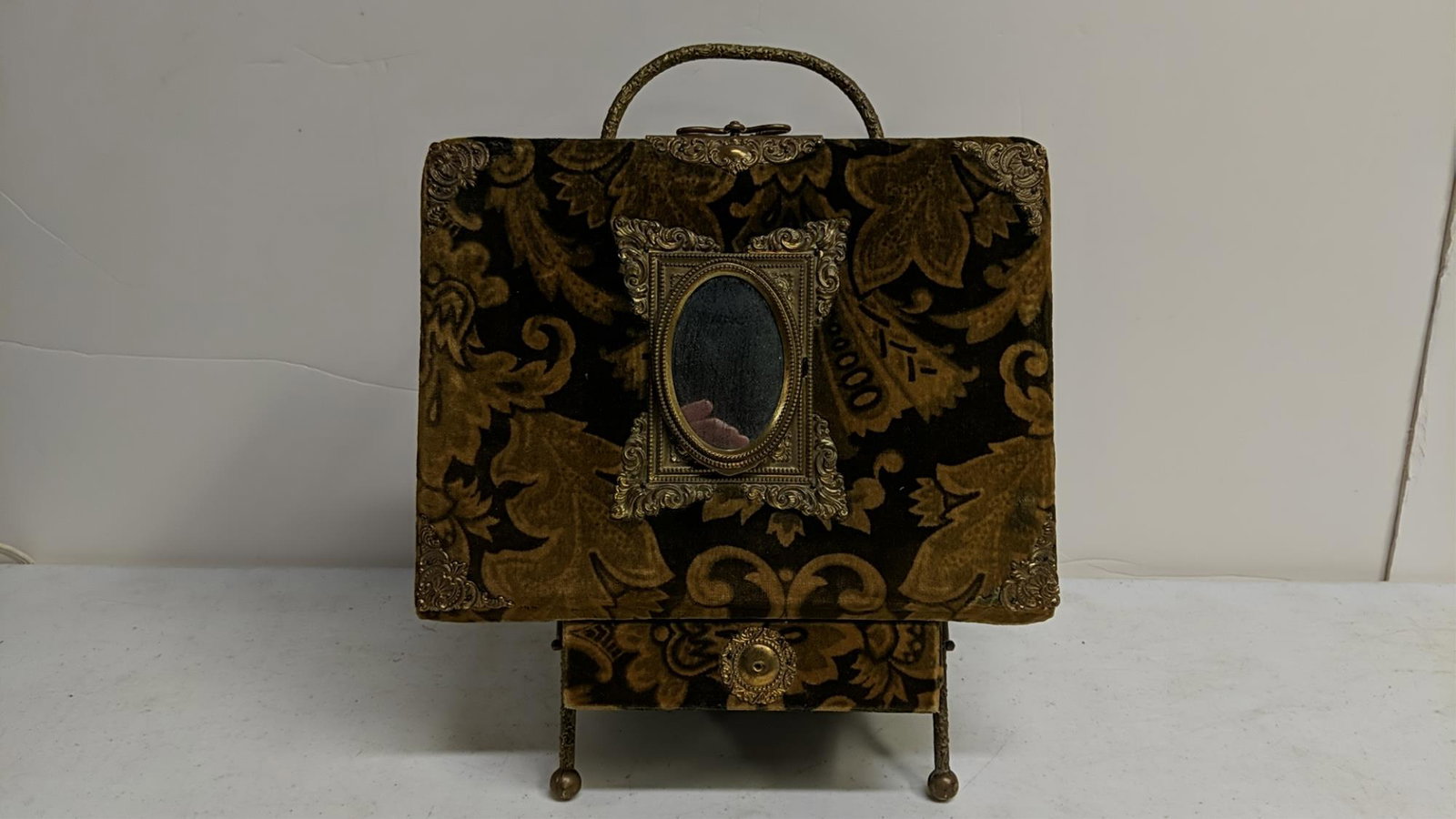 Antique victorian photo album on stand: good condition has a few photos brown & tan 14 1/4" t x 8 1/2" d x 11 1/2" W