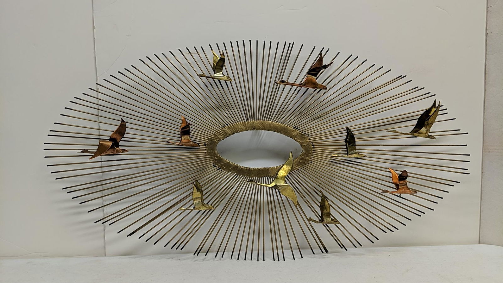 Curtis Jere Brutalist Starburst mid century wall t: Wall art Brass & Copper Birds in Flight 1960's 38" W x 1 1/4" D x 20" T